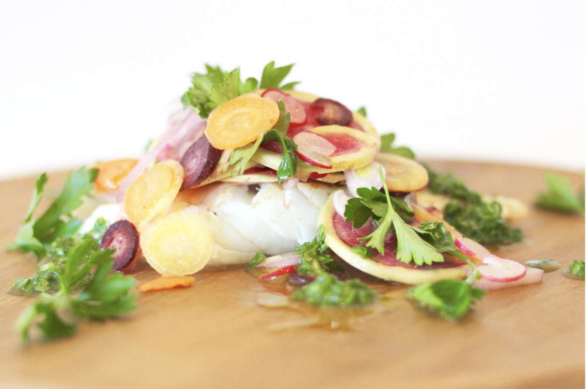 Seared Fish with Radish Salad and Radish Greens Dressing