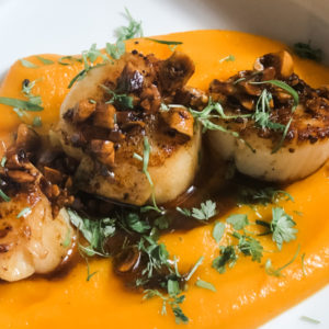 Seared Scallops with Butternut Squash and Brown Butter Hazelnuts